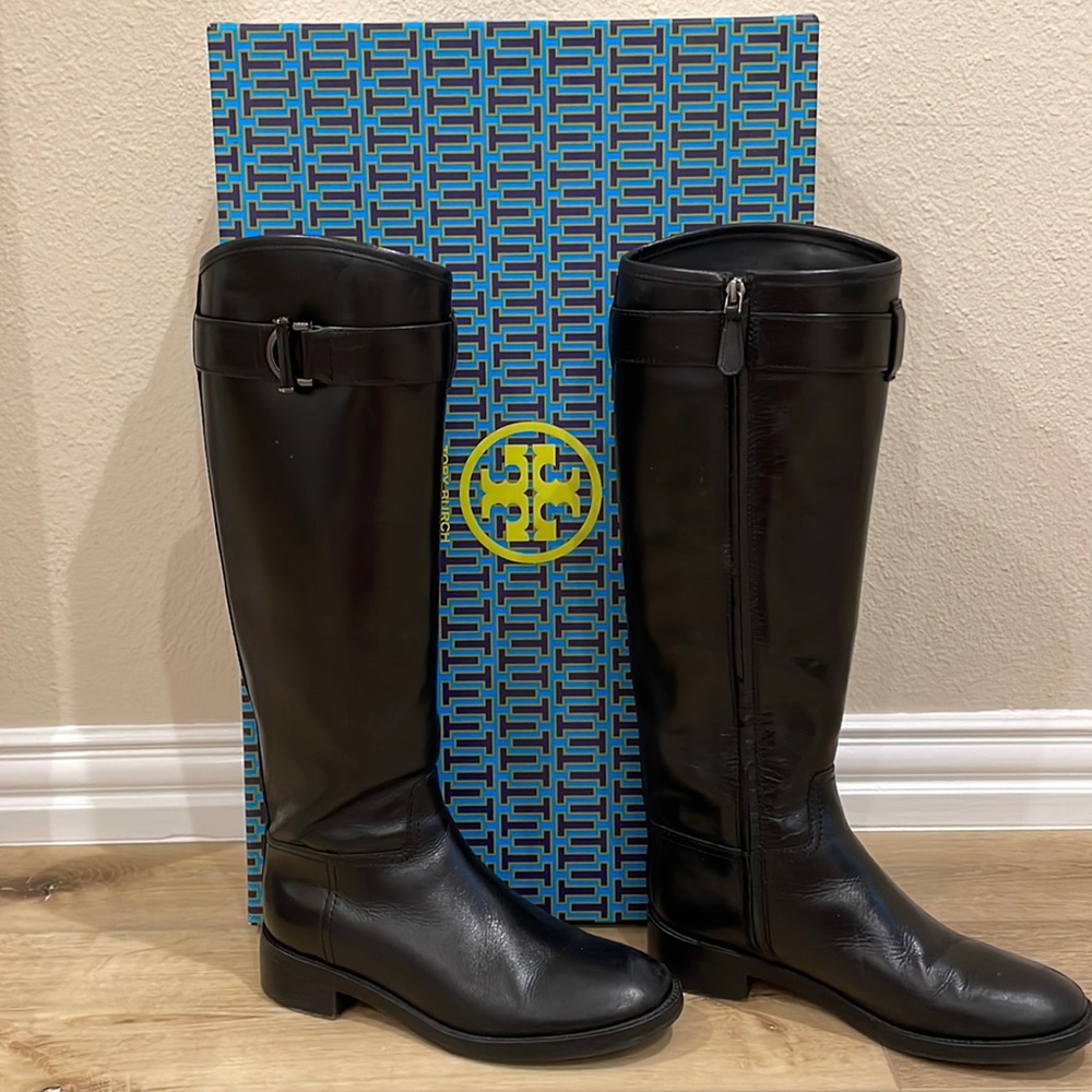 Tory Burch black leather Grace riding boots.